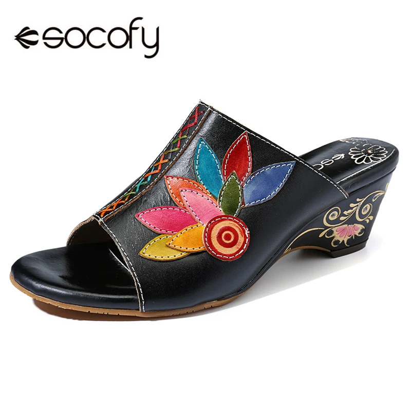 

SOCOFY Soft Genuine Shoes Leather Splicing Hand Painted Flowers Pattern Wedge Heel Daily Sandals Comfortable Elegant Shoes