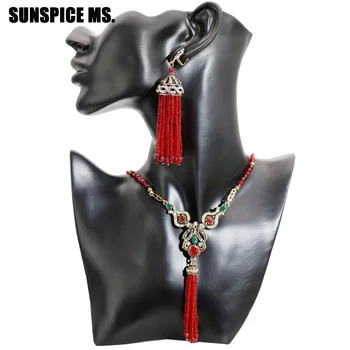 

SUNSPICE MS African Beads Jewelry Set Turkish Women Ethnic Wedding Long Tassels Dangle Earrings Flower Charm Necklace Bijoux