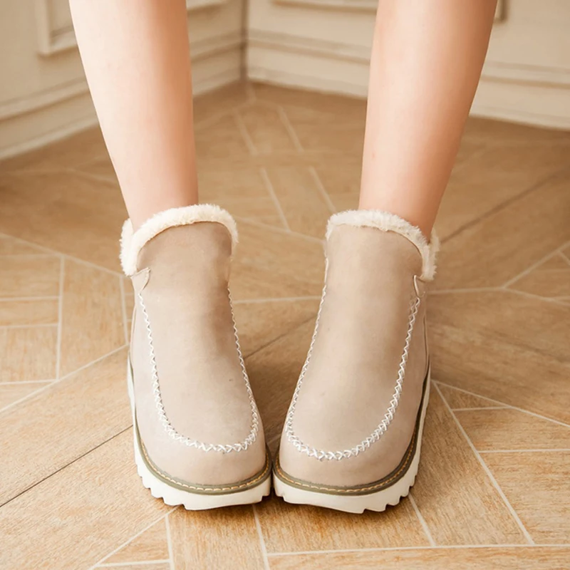 BONJOMARISA,, размеры 34-43, женские зимние Нескользящие ботильоны г. Женские теплые плюшевые ботинки на платформе повседневная женская обувь на танкетке