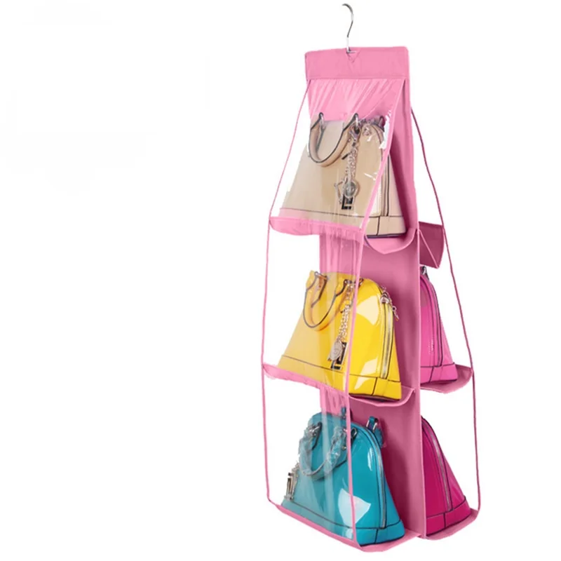 

6 Pocket Double Side Transparent Foldable Hanging Handbag Purse Storage Bag Door Wall Clear Sundry Shoe Bag with Hanger Pouch