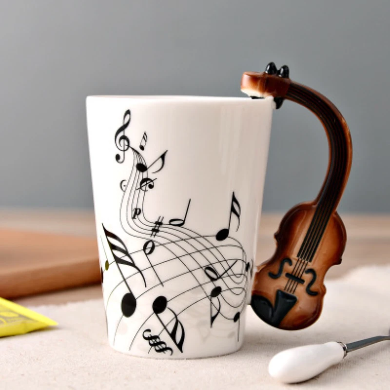 

Novelty Music Violin Style Guitar Coffee Ceramic Mug With Handle Milk Breakfast Tea Cups Home Office Drinkware Creative Gift Cup