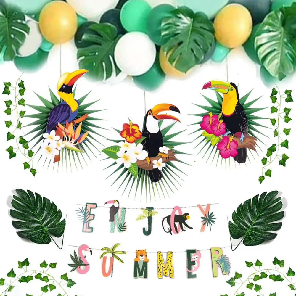 

14pcs tropical party Decoration Set Enjoy Summer Banner Toucan Paper Fans Tropical Leaves Animal Hawaiian Party for Summer