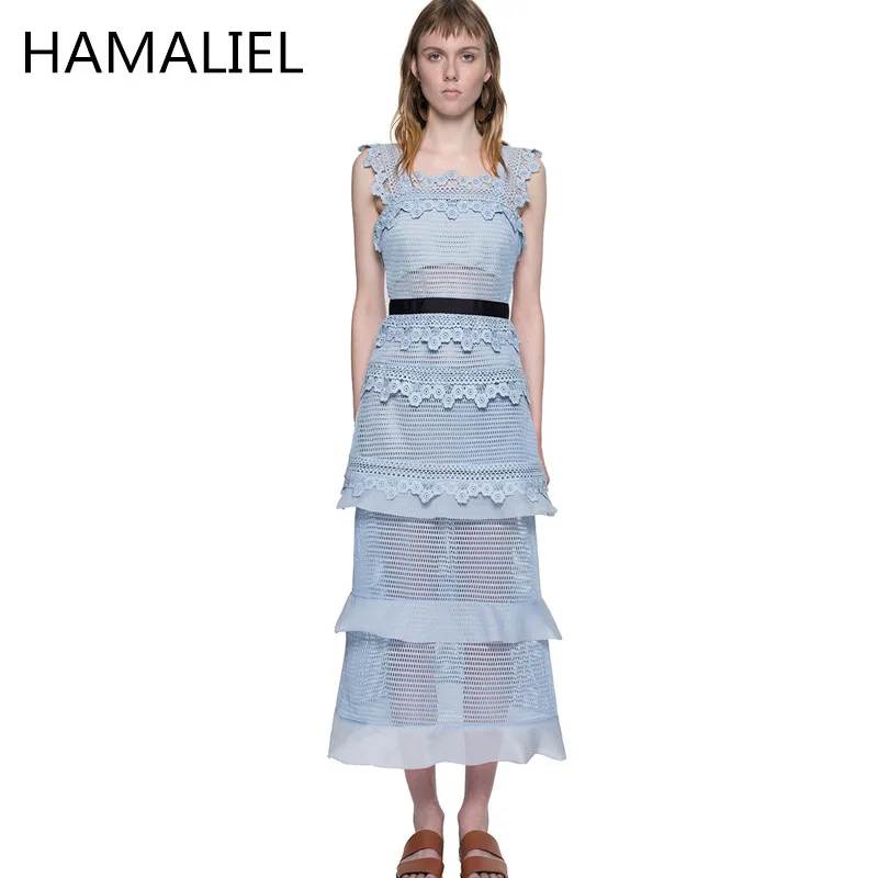 

HAMALIEL 2018 Summer Self Portrait Dress Women Sexy Slash Neck Lace Patchwork Hollow Out Slim Mid Calf Length Ladies Party Dress