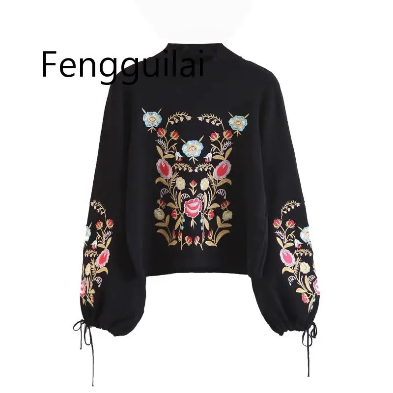 

Vintage Chic Floral Embroidery Knitted Sweater Women 2018 Fashion Turtleneck Bow Tie Sleeve Ladies Pullovers Casual Pull Mujer
