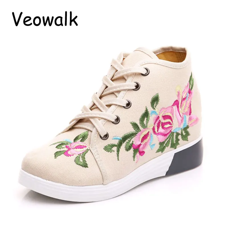 Womens students high top lace up sneakers canvas floral embroidery hidden shoes Womens students high top lace up sneakers canvas floral embroidery hidden shoes