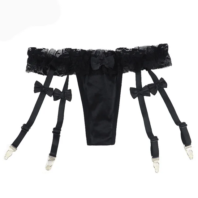 Sexy Women Garters Lace Bow Garter Belt T back Briefs with Suspenders