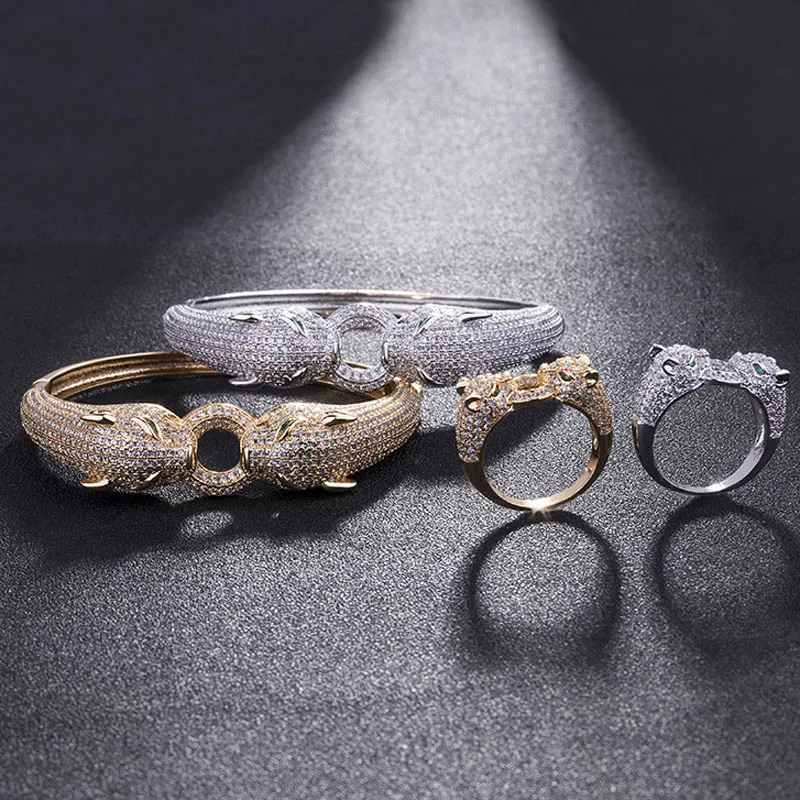 Kopen Twee leopard Heads Dier Mannen bangle Sieraden Set Metalen Koperen Armbanden Ring Bruids Sieraden Sets Cubic Armband Accessoire Sets