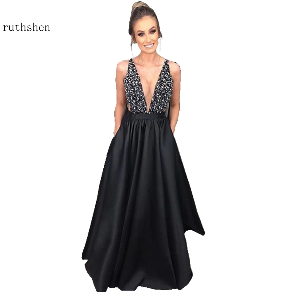 

Long Evening Dresses Backless Beaded Black Formal Dress Party Gowns Sexy Women Robe De Soiree Satin 2019 Vestidos De Gala