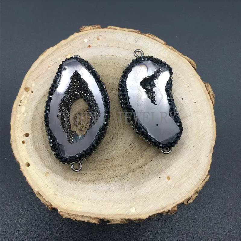 MY1285 Freeform Crystal Druzy Geode Slice Connector Pendant  Titanium Paved Zirconia Edges and Bail For Necklace Women Jewelry (2)
