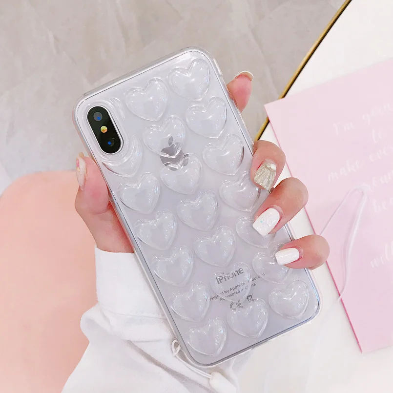 USLION 3D Love Heart чехол для телефона для iPhone 11 Pro X XS Max XR чехлы с принтом из мультфильма для iPhone 7 8 6 6S Plus Мягкий ТПУ чехол с ремешком - Цвет: Transparent