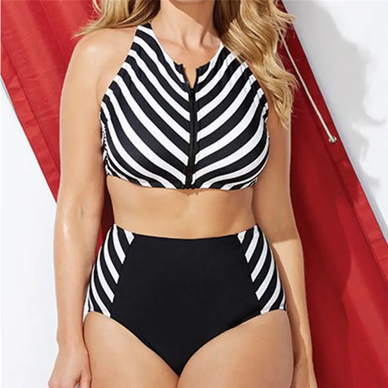 

High Waist Swimsuit Women Plus Size gathered Swimwear Striped zipper Beach Bikinis 2019 Summer Ladies Bathing Suit Beachwear *5