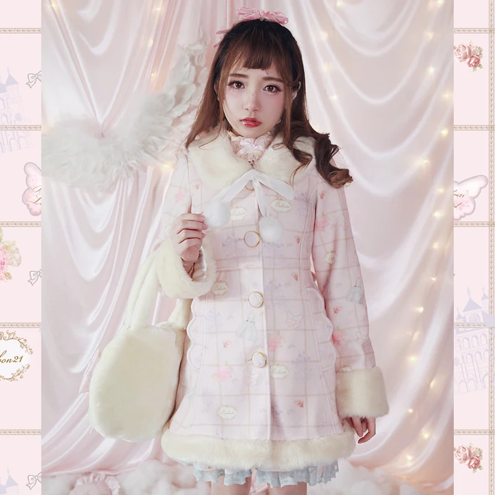 

Princess sweet lolita coat BOBON21 Limited printing sweet and sweet hair collar long coat fashion and adorable women coat C1331