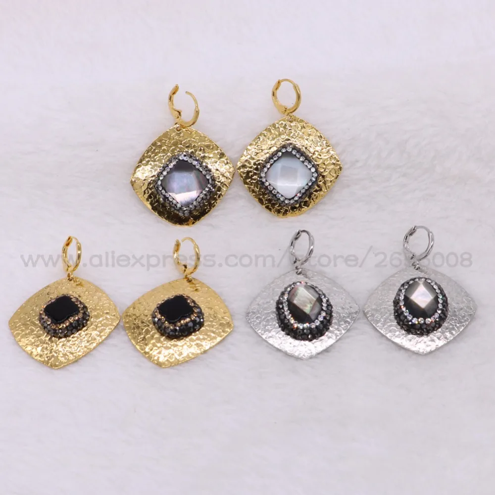4Pairs Square Drop earrings electroplated gold color metal with natural