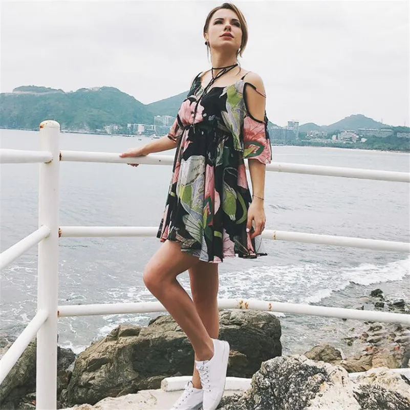 Casual Beach Vacation Dress Cold Shoulder Ruffle Print Summer Dress Women High Waist Strap Chiffon Dress Party Sexy dresses (5)