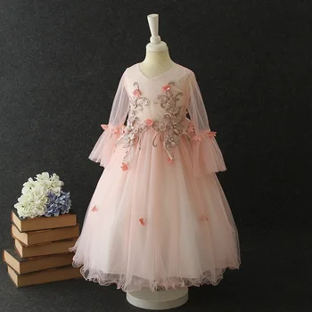 

girl wedding dress 2019 spring girls fashion new pink flower lace tulle flare sleeve tulle party tutu dresses children clothing