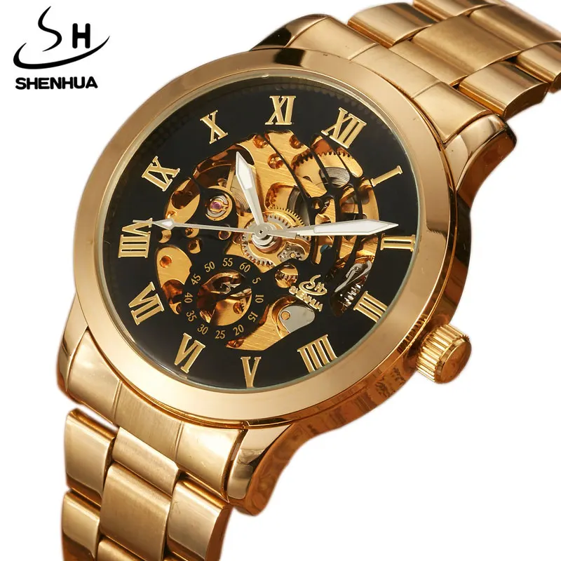 

Luxury Top Brand Gold Men Watch Full Steel Hollow Automatic Mechanical Watch Men Skeleton Roman Numberal Fashion Watches relogio