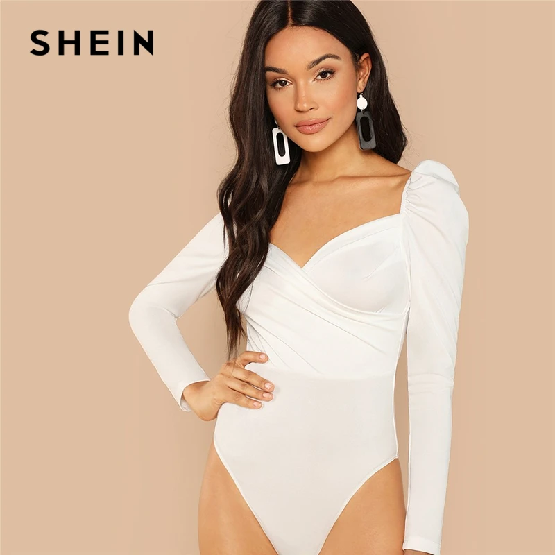 

SHEIN White Elegant Office Lady Puff Sleeve Surplice Neck Ruched Solid Mid Waist Bodysuit 2018 Autumn Workwear Women Bodysuits