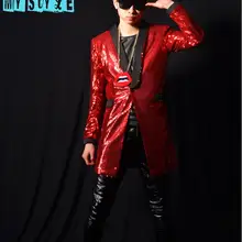 Тонкий Для мужчин певцов BIGBANG средние и длинные красные блестки костюм куртка для ночного клуба Бар пальто этап платье костюмы