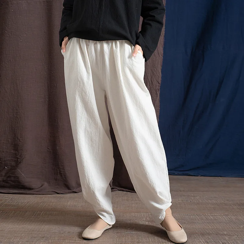 

Johnature 2019 Spring Summer 4 Colors Cotton Linen Solid Color Elastic Waist Vintage Pants Women Ankle-Length Harem Pants New