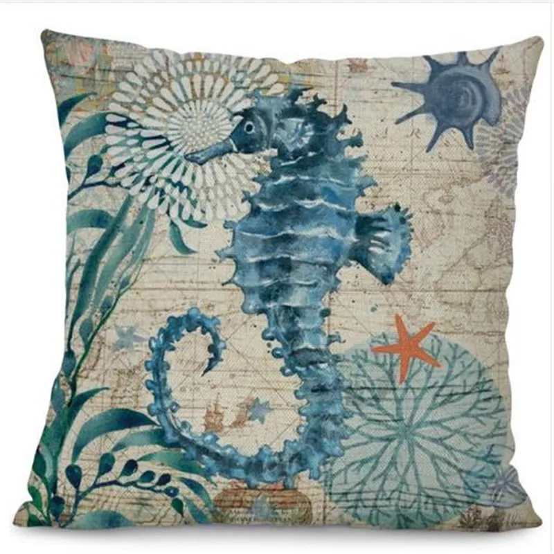 Sea Turtle Printed Cotton Linen Cushion Cover Marine Ocean Sea Horse Home Decor Pillowcase Octopus Sofa Cushion Case