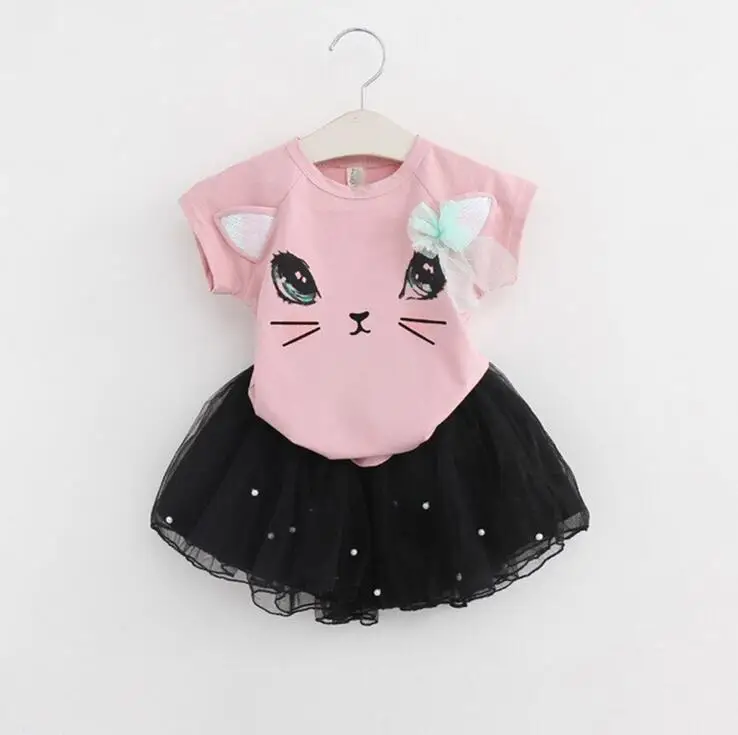Детские футболки с котами и короткими рукавами для принцесс; летняя бальная юбка с цветочной аппликацией для маленьких девочек; комплекты одежды для детей - Цвет: Черный