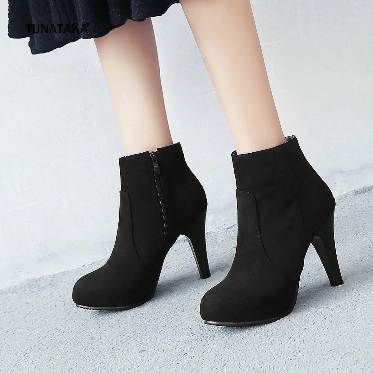 

Women Boots Flock High Heels Ankle Boots Round Toe Zipper Fashion Boots Autumn Winter Plus Size Woman Shoes Blue Red Black