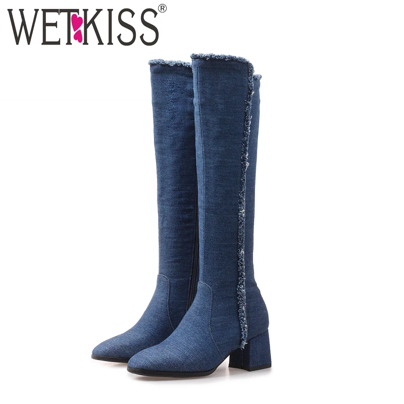 

WETKISS Denim High Heels Women Boots Zip Round Toe Footwear Fashion Stretch Female Boot Ripped Knee High Shoes Women 2018 Winter
