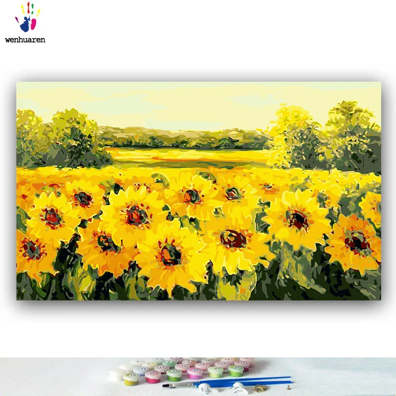 Сделай Сам картинки для раскраски по номерам с цветами подсолнух цветок поле картина Рисование Живопись по номерам в рамке дома - Цвет: 5186