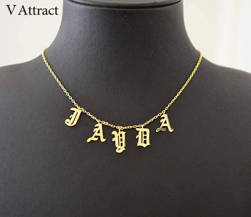 

V Attract Gothic Choker Old English Name Necklace Personalized Number Nameplate Gold Color Collane Femme Custom BFF Jewelry Gift