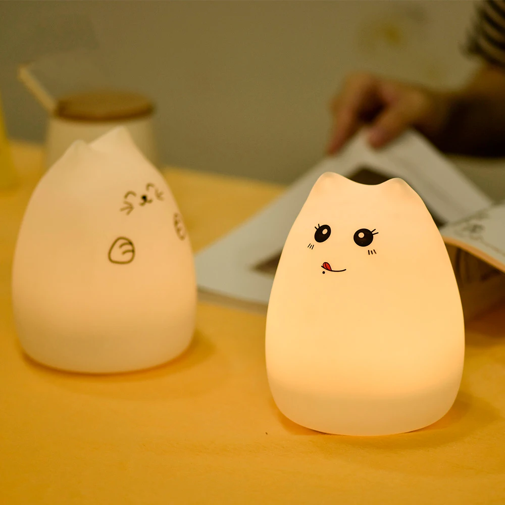 SuperNight Cute Cartoon Cat LED Night Light 7 Colors Silicone Rechargeable TapRemote Control Children Baby Bedside Table Lamp (8)