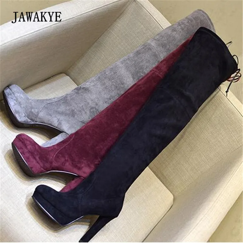

2017 Platform Over The Knee Boots Woman Pointed Toe Suede High Heel Long Boots Women Fashion Slim Stretch Boots