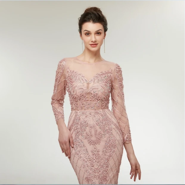 Robe De Soiree длинное вечернее платье телесного и розового цвета с длинными рукавами