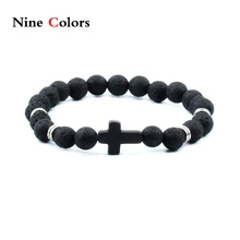 Подарки на удачу браслеты и браслеты мм 8 мм Природный лавовый камень для мужчин с крестиком Иисуса Шарм для women-SL101