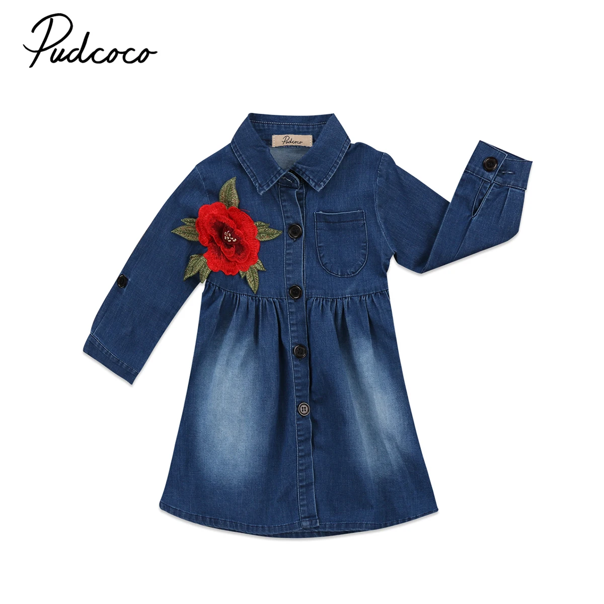 Blue Kids Girls Embroidered Denim Dress Summer Long Sleeve Party Cute Mini Dresses Sundress Clothes Casual