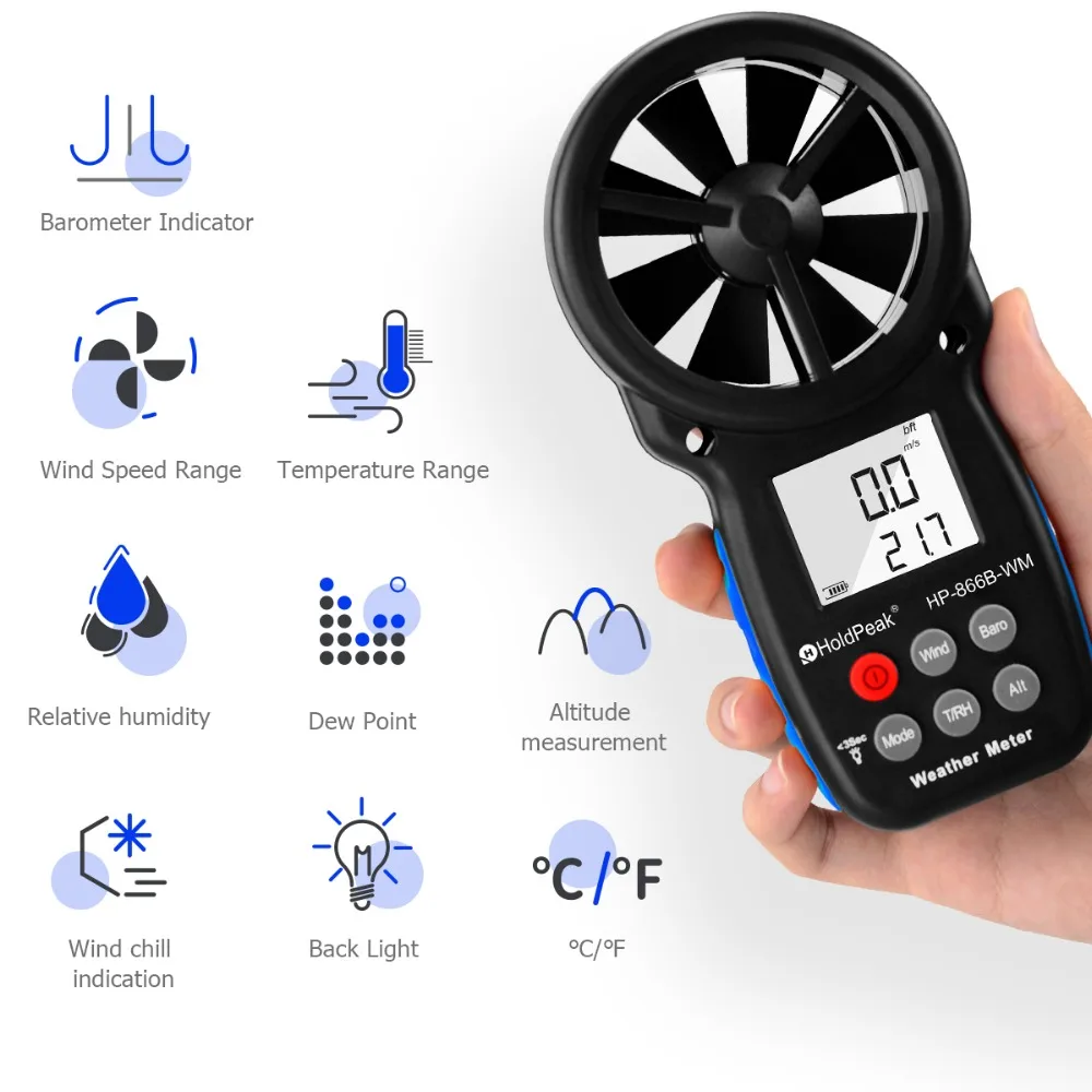 Анемометр HoldPeak HP-866B-WM измеритель скорости ветра цифровой датчик чашка Anemometro 30 м/с ЖК-дисплей ручной инструмент для измерения влажности воздуха