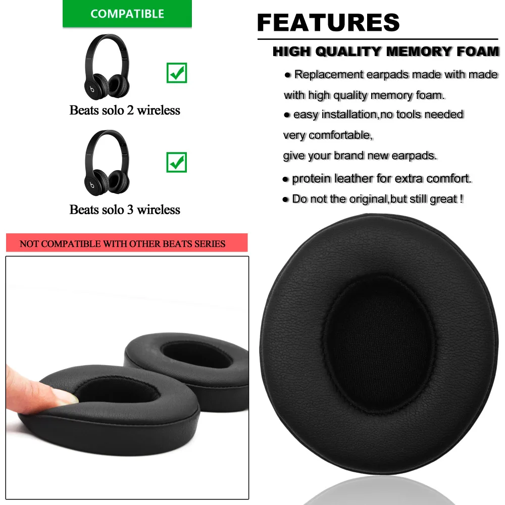 Replacement Earpads Ear Cushions for Beats Solo 2 Wireless Headphone and Wired Headphone Solo 3 Wireless Headphone Black