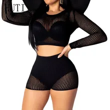 HITI Fashion Sexy Openwork Beachwear Long Sleeve Hollow Out Grid Two Pieces Sets Playsuits for Women Black Club Party Bodysuits HITI Fashion Sexy Openwork Beachwear Long Sleeve Hollow Out Grid Two Pieces Sets Playsuits for Women Black Club Party Bodysuits
