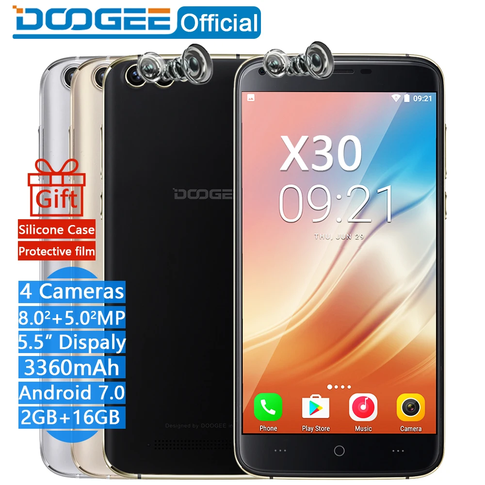 DOOGEE X30 смартфон с четырёхъядерным процессором MTK6580A ОЗУ 2 Гб ПЗУ 16 Android 7 0 3360 мАч|quad
