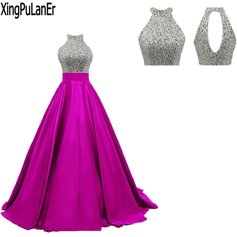 

robe de soiree A Line Scoop Neck Sleeveless Beaded Sequins Hand Made Keyhole Back 9 Cololr Long Satin Evening Dress