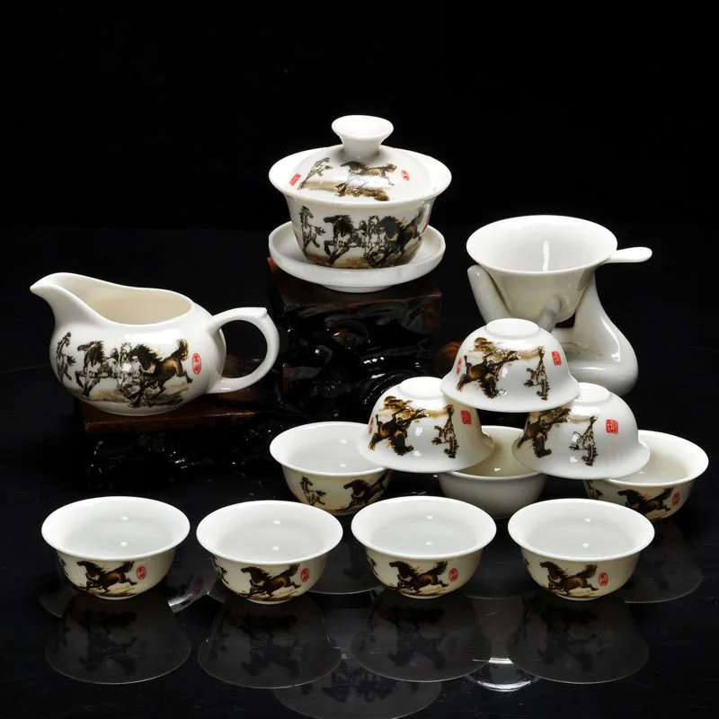 14 Pieces Kung Fu tea set,Chinese Pattern Include White Glazed Ceramic Porcelain Dragon 10pcs Tea Cups and Teapot