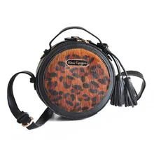 2016 Korean Famous Brand Leopard Tassel Leather Women Messenger Bags Horse Hair High Quality Mini Round