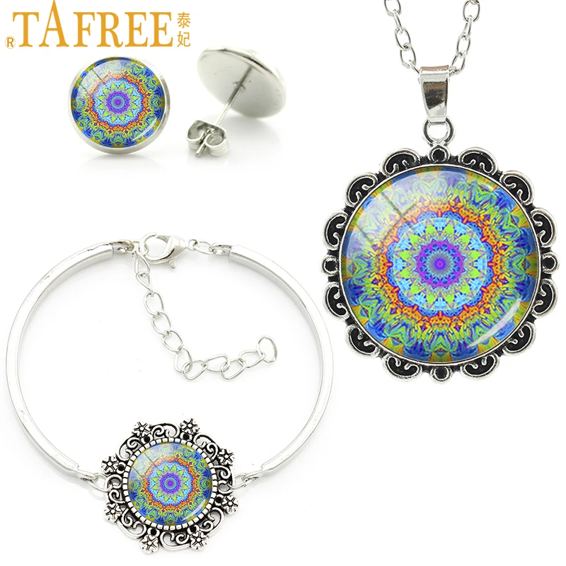 

Bohemian style colar mandala indian jewelry sets religious Sacred geometry art buddhist flower bracelet earrings necklace HT187