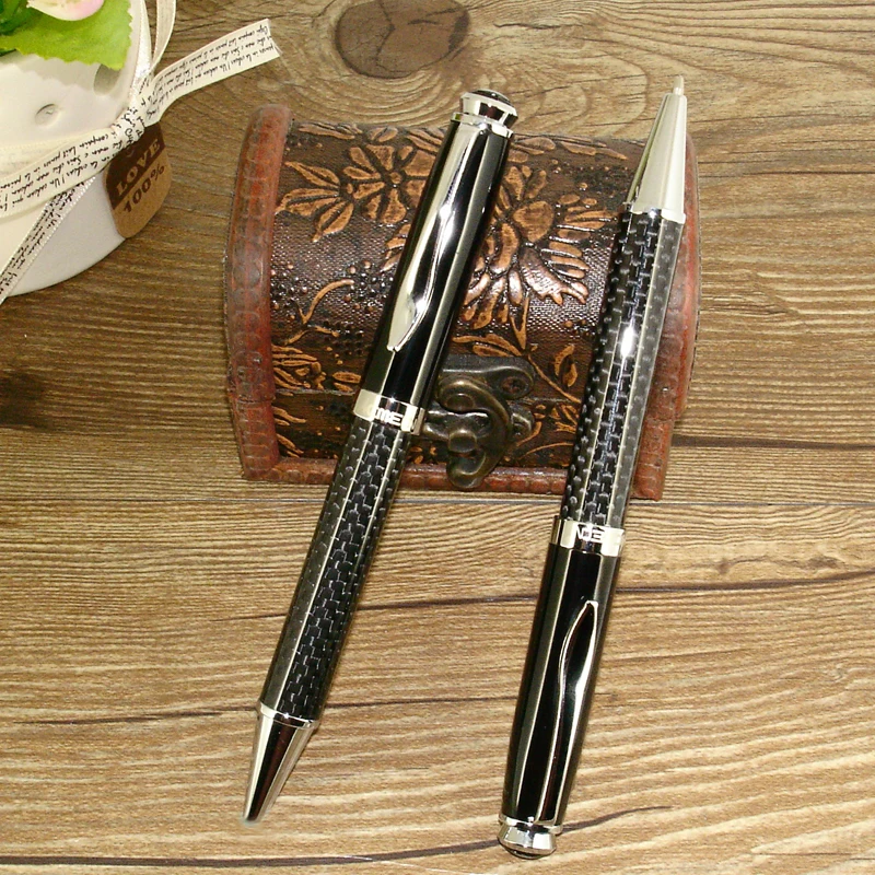 Luxury 2pcs / Lot Classic Office & School Writing Stationery Gift  Sets Ball Pen & Mechanical Pencil Carbon Fiber Twin Pen Sets