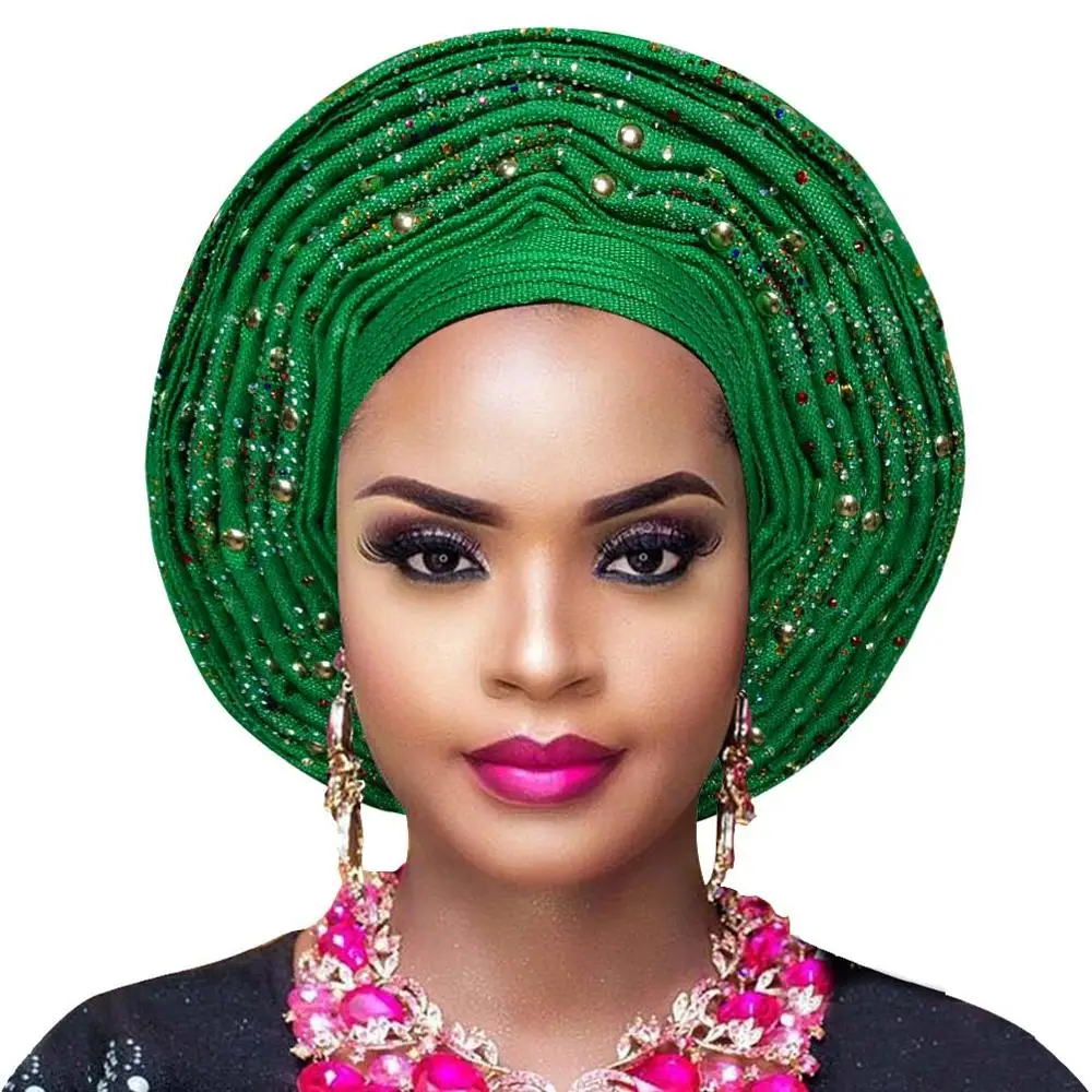 Популярный женский головной убор aso oke auto gele для aso ebi Африканский головной убор с бисером - Цвет: green