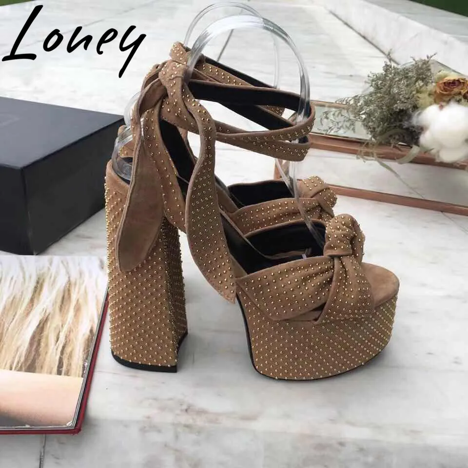 

Loney Quality Branded Genuine Leather Metal Studded Summer Sandals Open Toe Bowtie Lace Up HIgh Heel Sandals Shoes Women