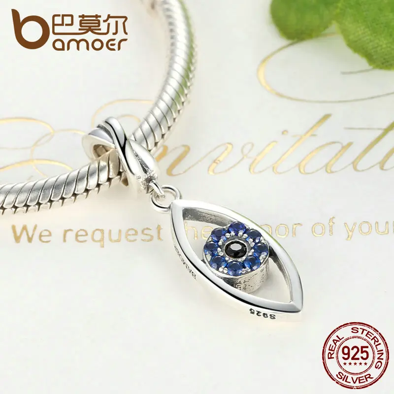 BAMOER New Arrival 925 Sterling Silver Dark Blue Wicked Eye Pendant Charms Fit Charm Bracelets 925 Silver Fashion Jewelry SCC083