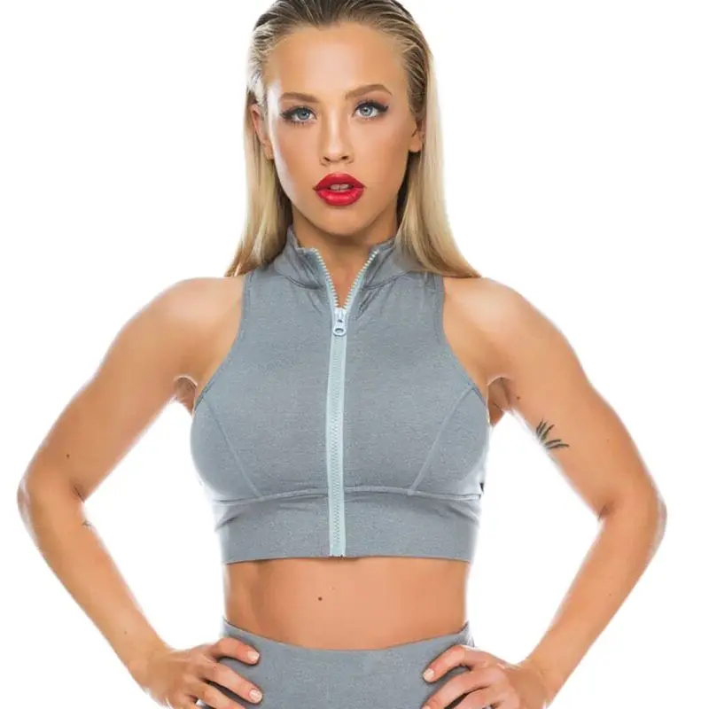 WJ популярный женский спортивный пуш-ап жилет на молнии два цвета ударопрочный дышащий для спортзала атлетики одежда для бега спортивные топы - Цвет: Серый