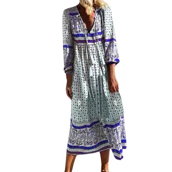 

Women Long Sleeve Maxi dress Plus Size MAXIORILL летнее платье bohemian V-neck Floral Printed beach Holiday T-shirt dress #3