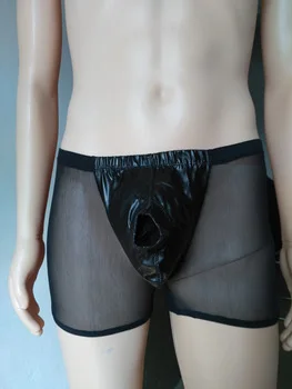 Sexy Male Tight Fit Mesh Sheer Boxer Brief Shorts with Wet Look Crotch Pouch and Open Front Sheath Fetish Lingerie for Him