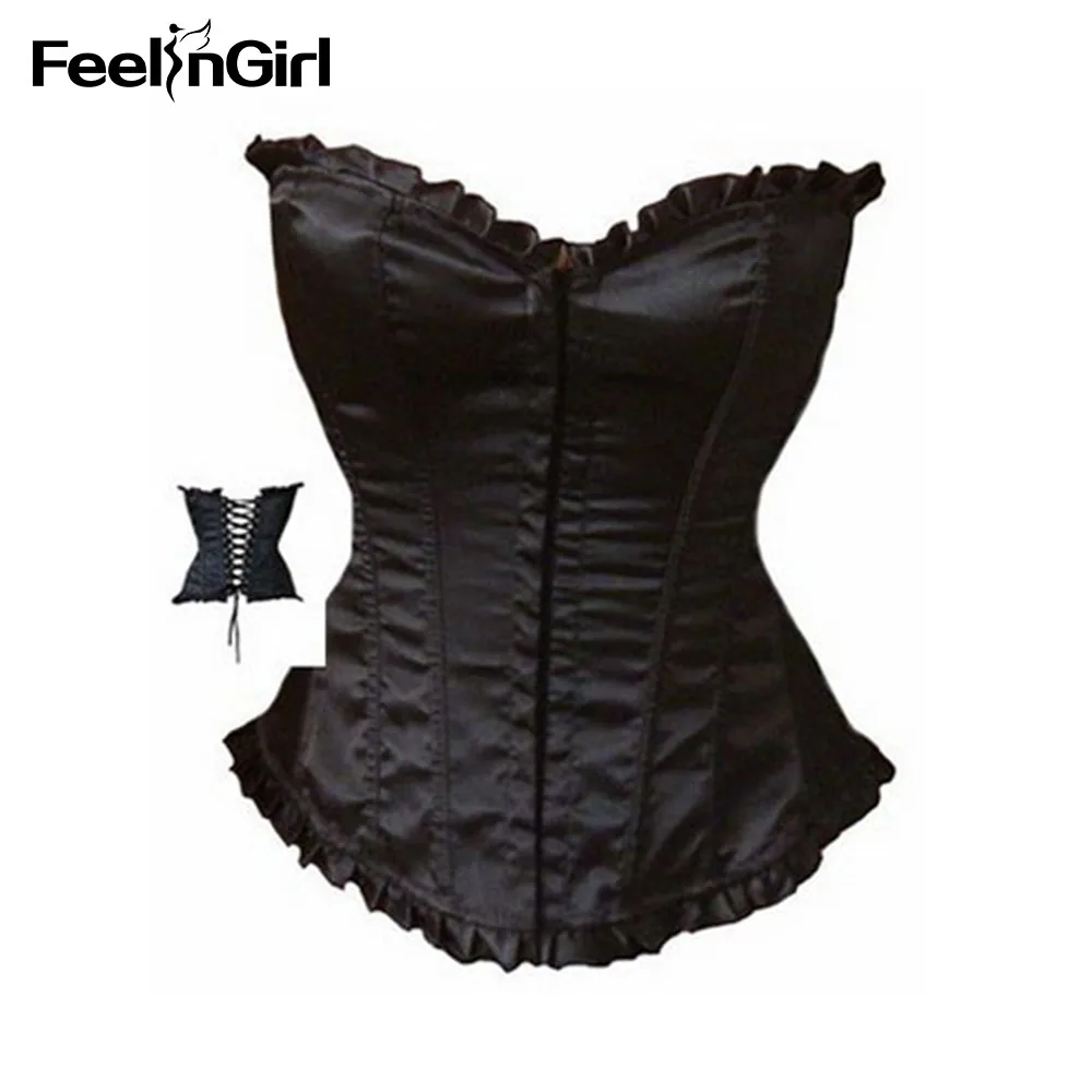 FeelinGirl Большая распродажа, атласный корсет со шнуровкой в стиле стимпанк, сексуальный бюстье для женщин, корсетный корсет, бюстье, корсет под грудь, тонкий корсет-G - Цвет: Черный